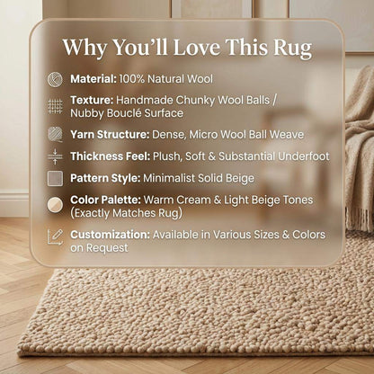 Chunky wool rug with thick loop pile in neutral beige, handwoven for cozy minimalist living room decor