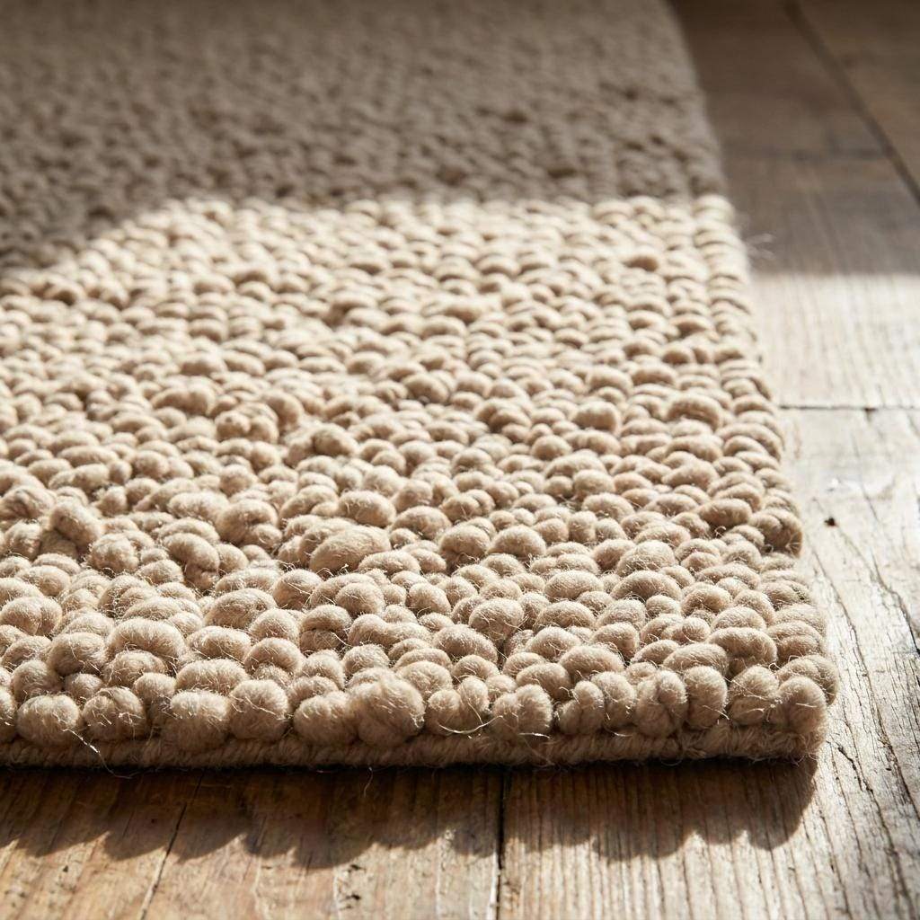 Chunky wool rug with thick loop pile in neutral beige, handwoven cozy textured area rug for minimalist living rooms