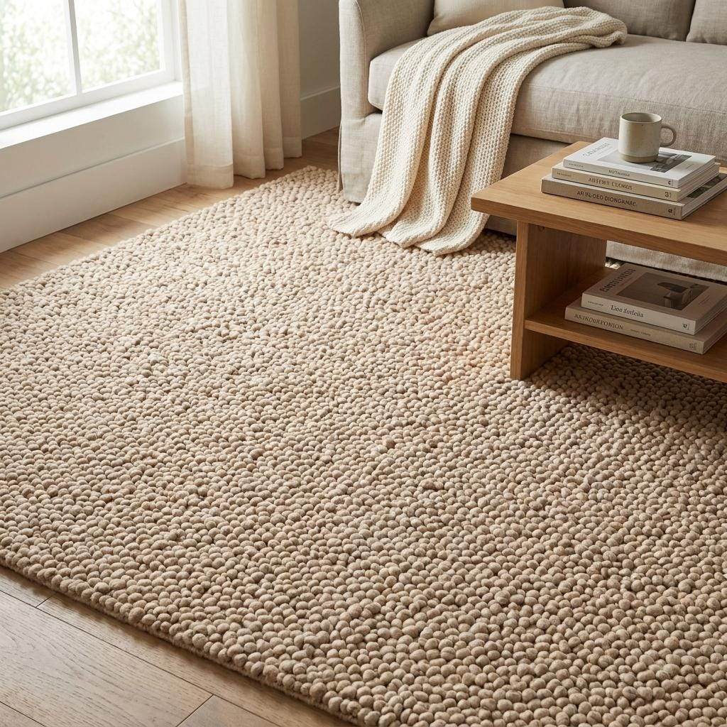 Chunky wool rug with thick loop pile in neutral beige for cozy minimalist living room decor