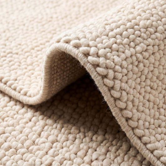 Chunky wool rug with thick handwoven loop pile in neutral cream for cozy minimalist home decor