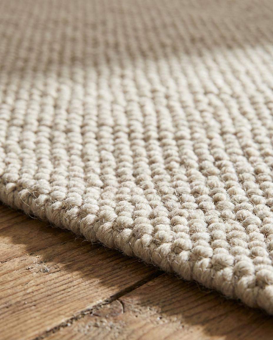 Chunky wool loop rug in neutral beige with textured weave, handmade cozy minimalist area carpet