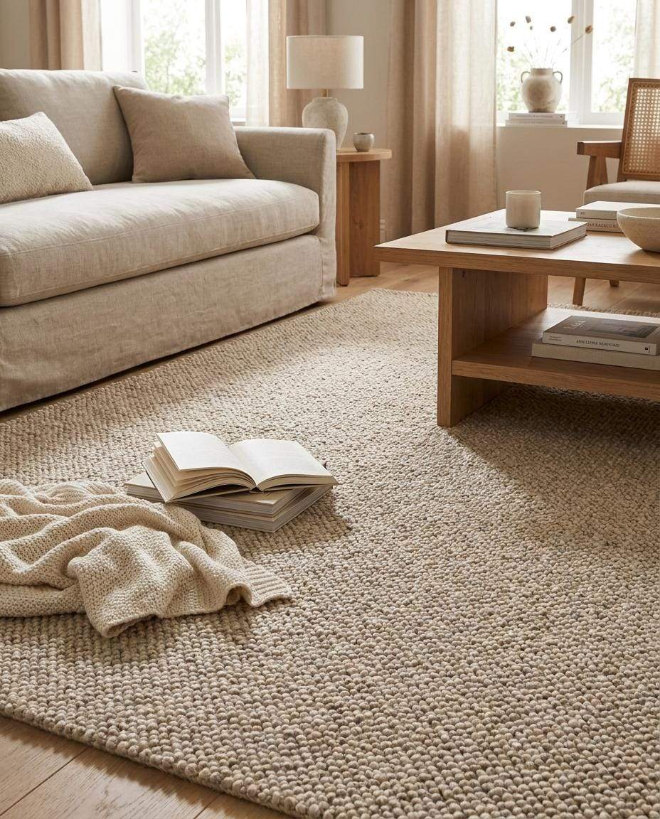 Chunky wool loop rug in neutral beige with textured handmade design for cozy minimalist interiors