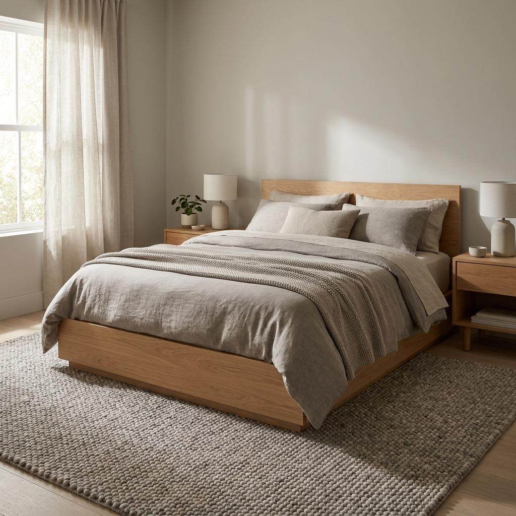 Chunky wool area rug in neutral beige with thick textured weave for cozy minimalist living room decor