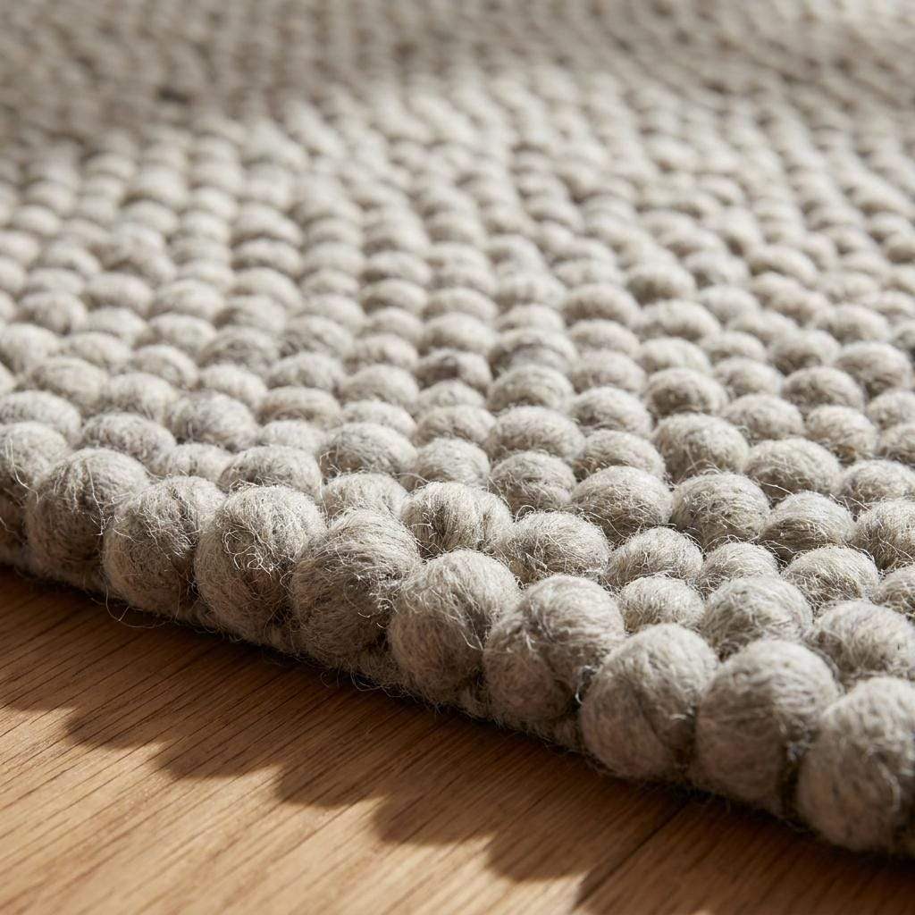 Chunky wool area rug in neutral beige with thick textured weave, perfect for cozy minimalist living room decor