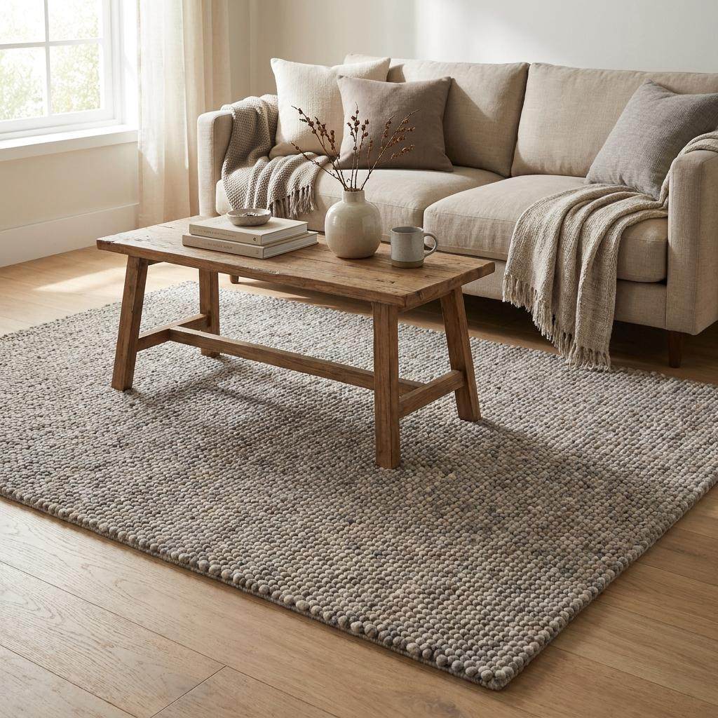 Chunky wool area rug in neutral beige with thick textured handmade look for cozy minimalist living room decor