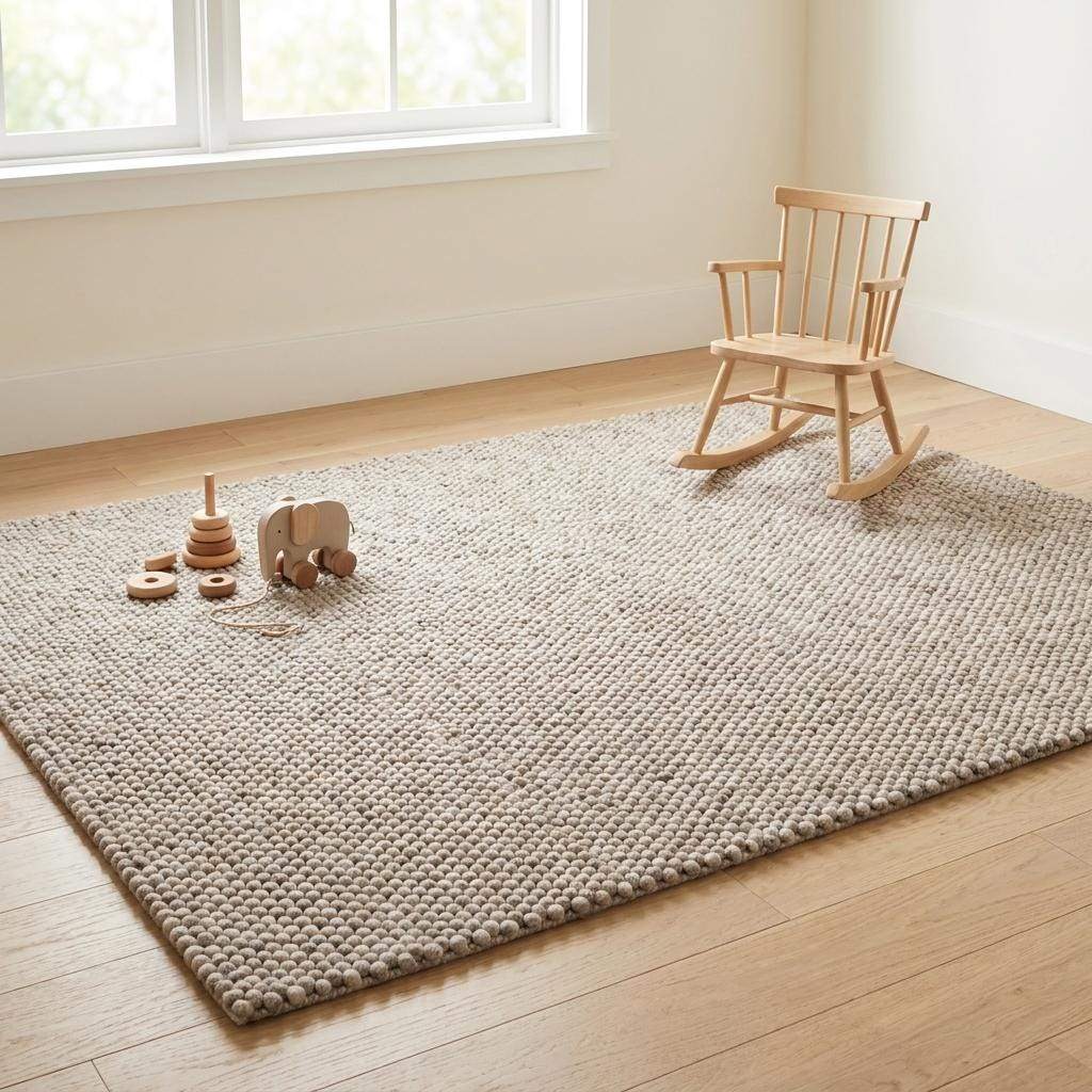 Chunky wool area rug in neutral beige with thick textured weave for cozy minimalist living room decor