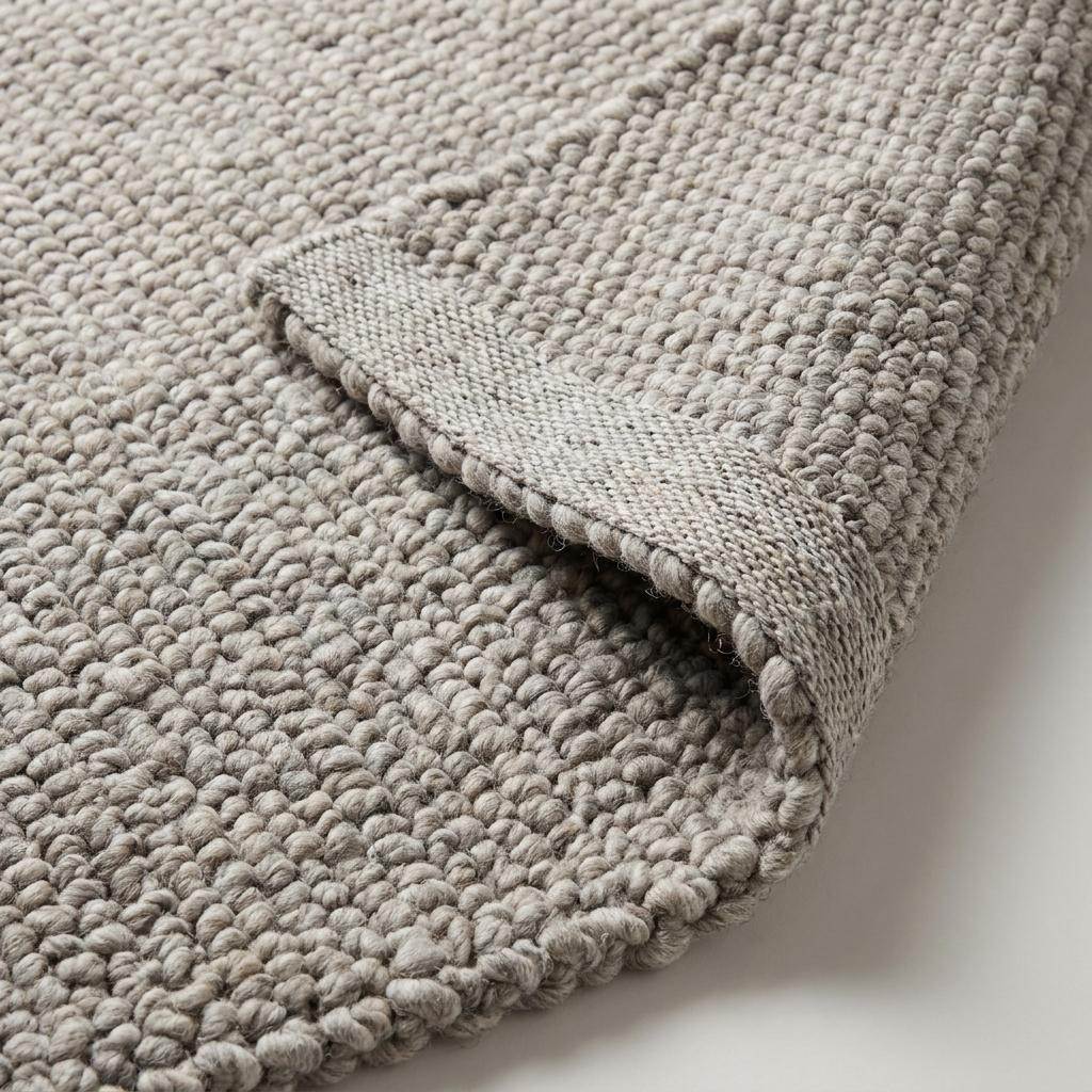 Chunky wool area rug in neutral beige with thick textured weave for cozy minimalist living room decor