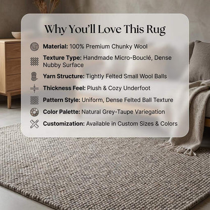 Chunky wool area rug in neutral beige with thick woven texture for cozy minimalist decor
