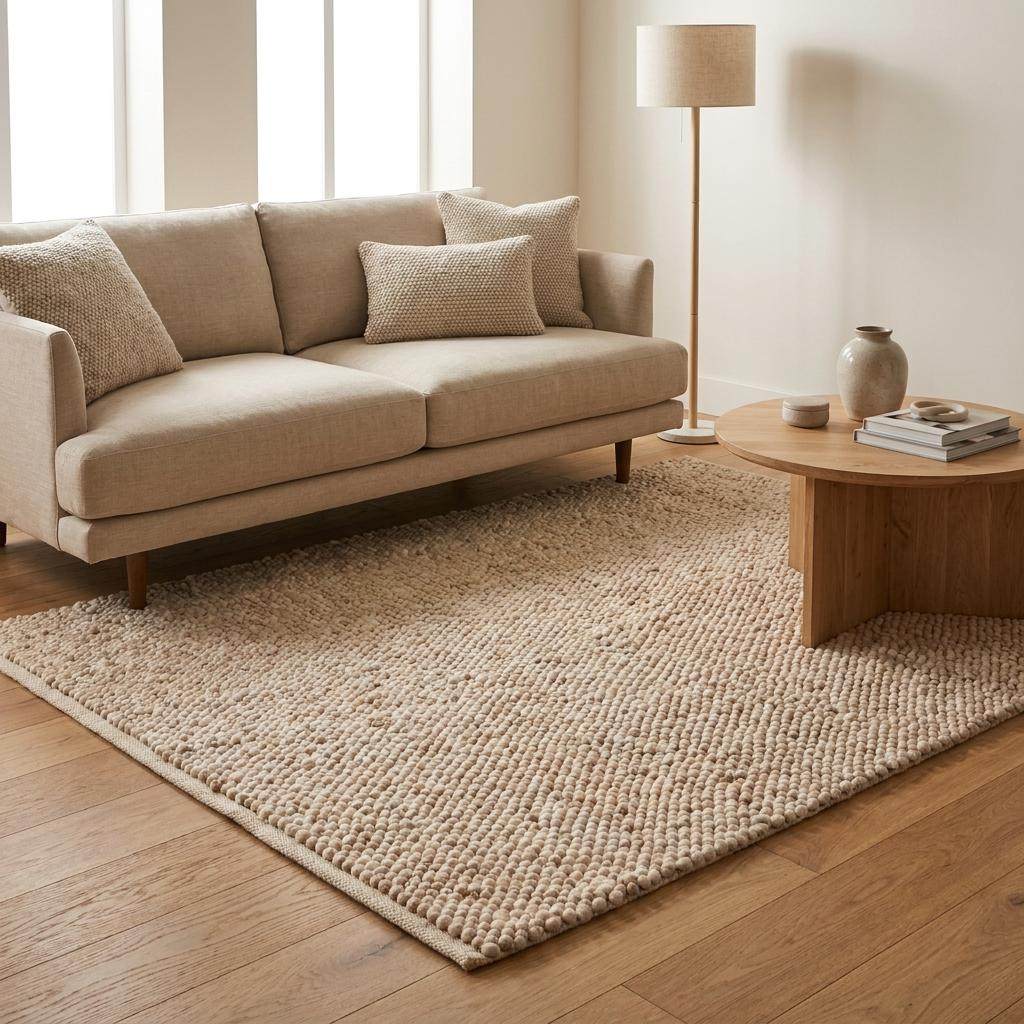 Chunky wool pebble rug in neutral beige with handwoven pebble texture in minimalist modern living room setting