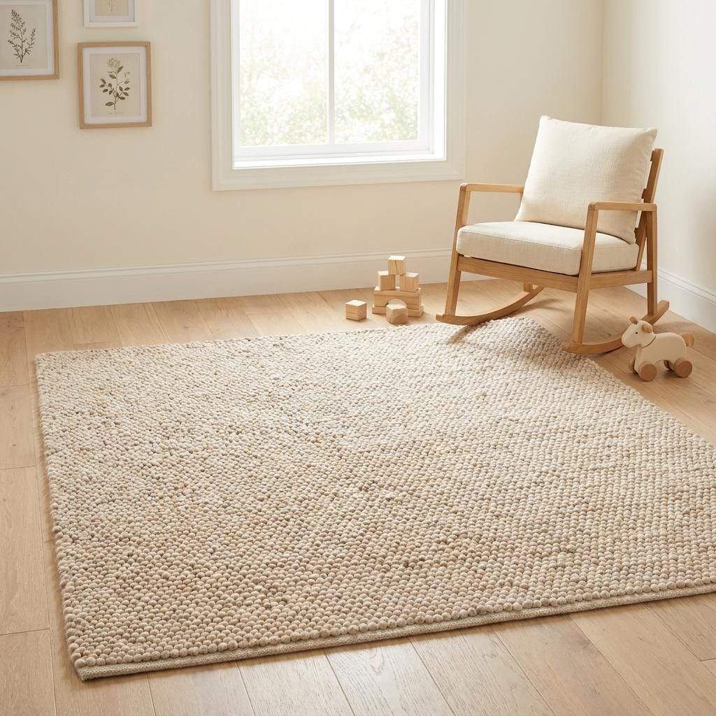 Chunky wool pebble rug in neutral beige with textured handwoven design in minimalist modern living room