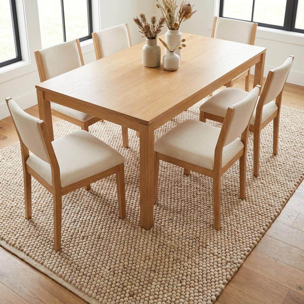 Chunky wool pebble rug in neutral beige on minimalist modern living room floor
