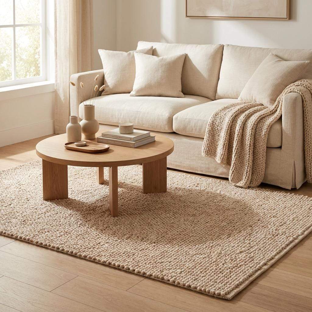 Chunky wool pebble rug in neutral beige with textured pebble weave for minimalist modern living room decor