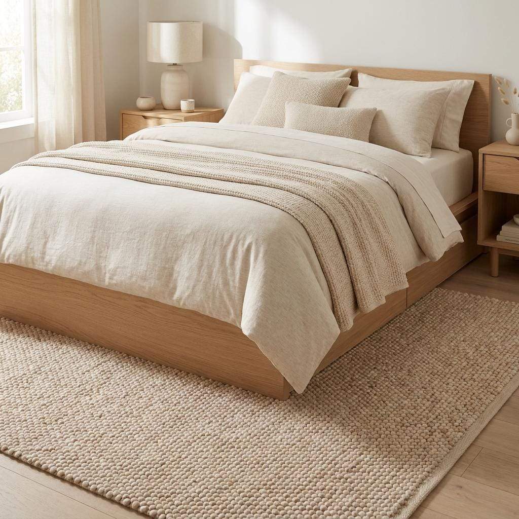 Chunky wool pebble rug in neutral beige with handwoven texture for minimalist modern living room decor