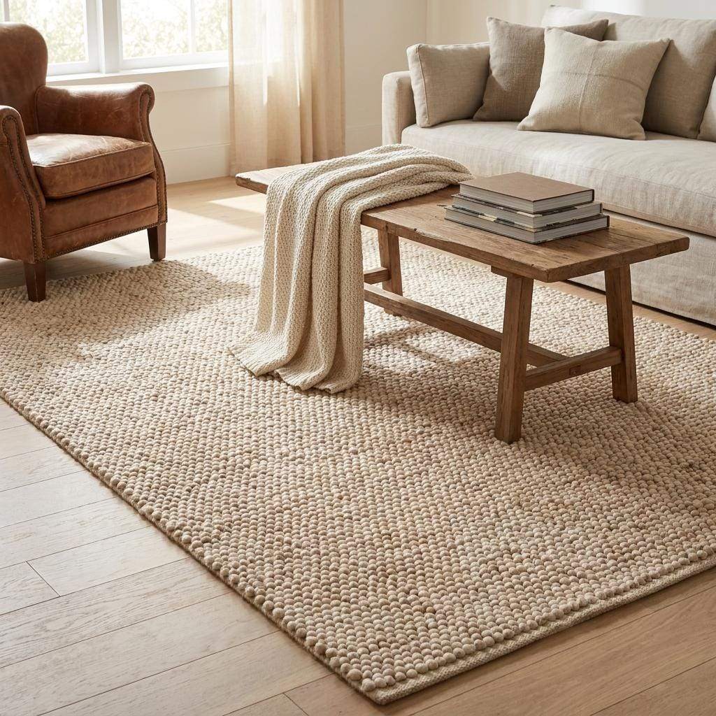 Chunky wool pebble rug in neutral beige, handwoven textured area rug for minimalist modern living room decor