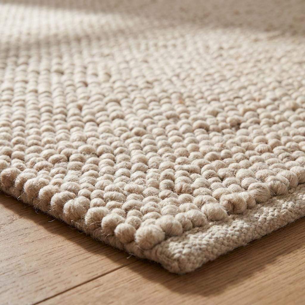 Chunky wool pebble rug in neutral beige with textured handwoven design for minimalist modern living room decor