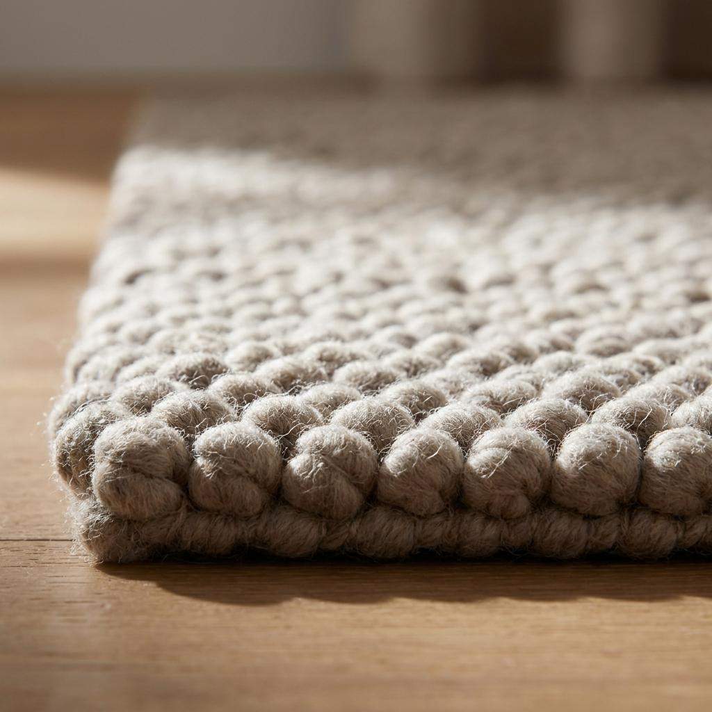 Handmade chunky wool rug with neutral pebble weave, Scandinavian Japandi minimalist design for cozy living room decor