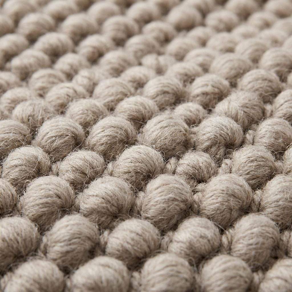 Handmade chunky wool rug with neutral pebble weave in Scandinavian minimalist Japandi style for cozy living room decor