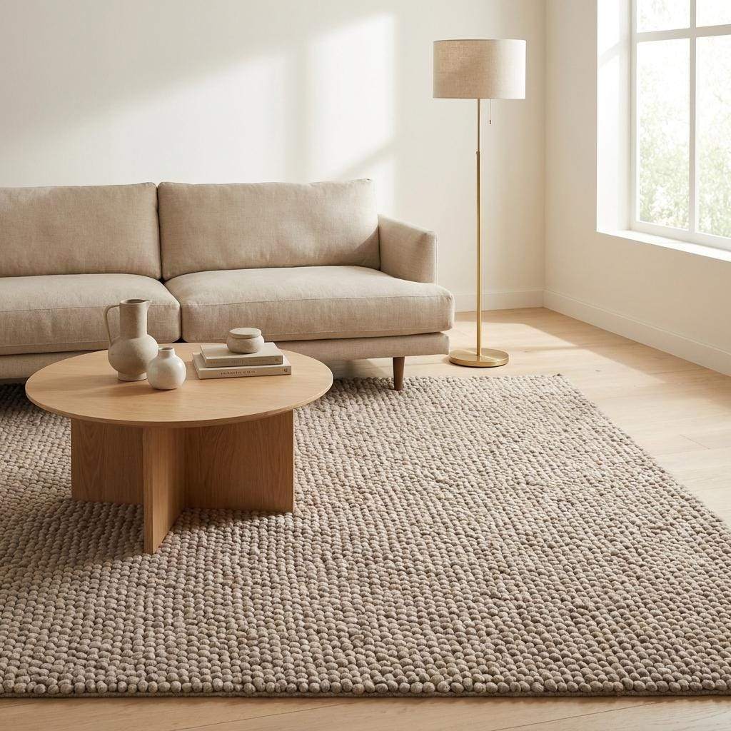 Handmade chunky wool rug with neutral pebble weave in Scandinavian Japandi style