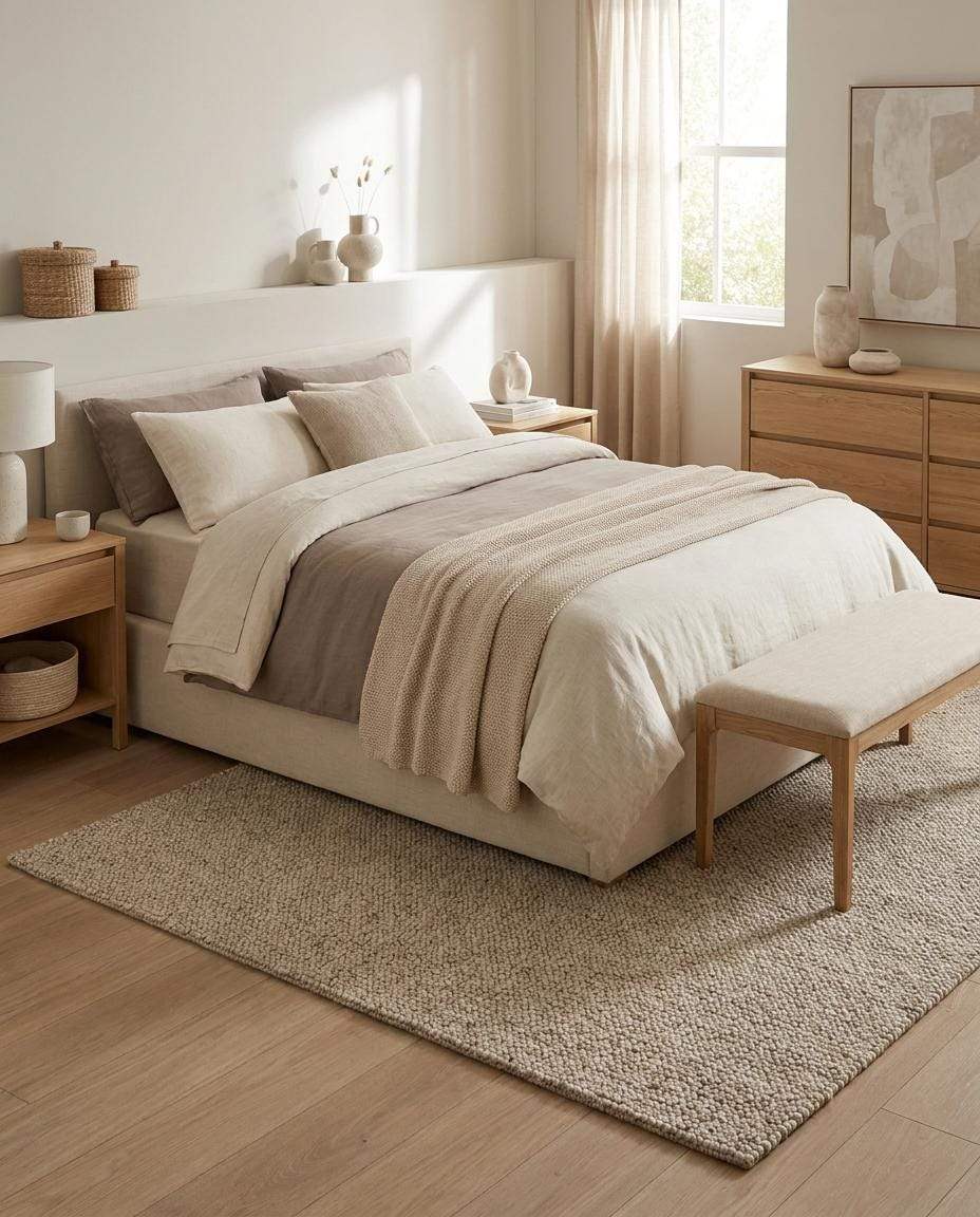Neutral beige chunky wool loop rug with textured weave in minimalist living room setting