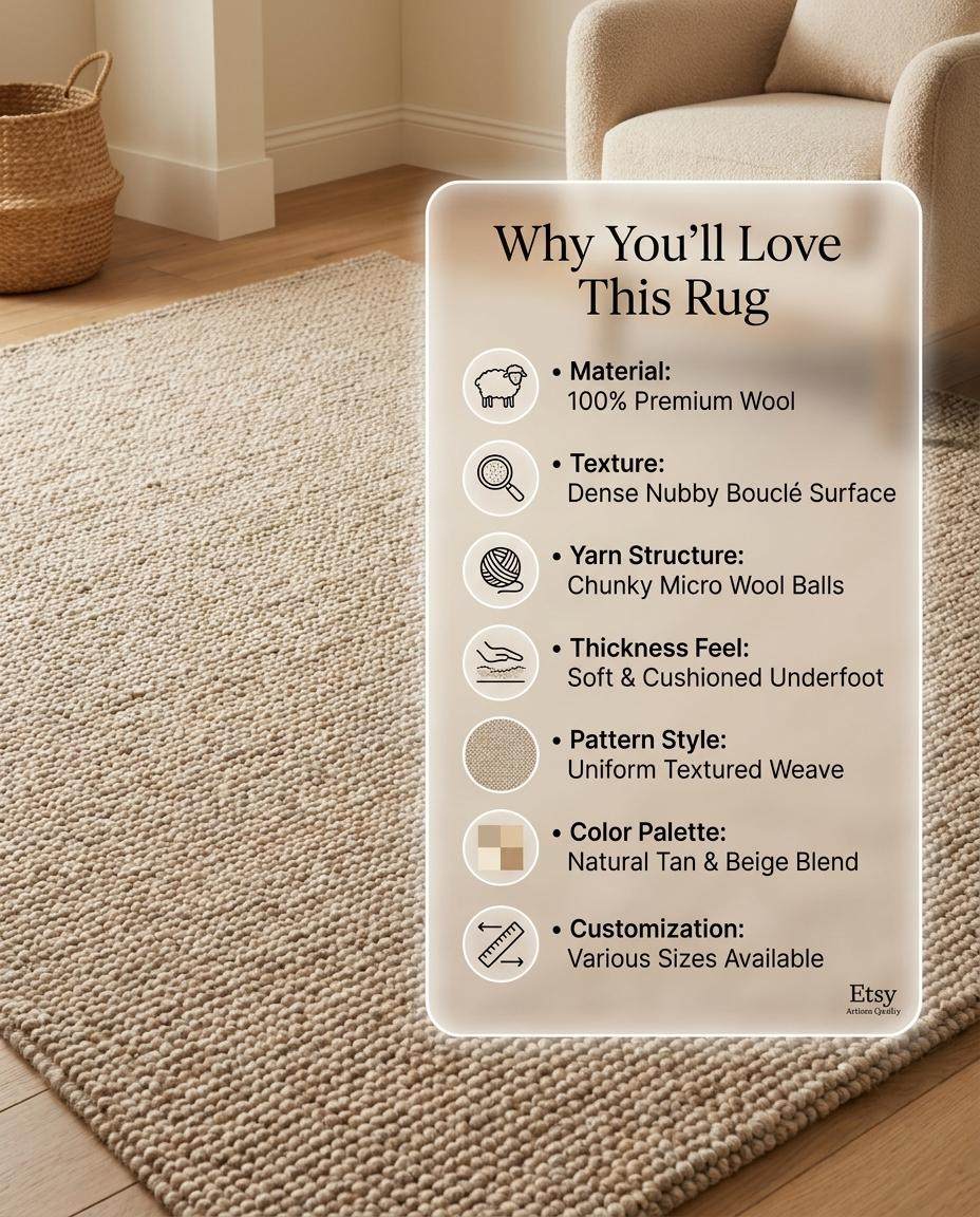 Chunky wool loop rug in neutral beige with textured, cozy handmade look for minimalist interiors