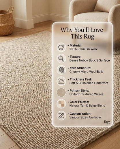Chunky wool loop rug in neutral beige with textured, cozy handmade look for minimalist interiors