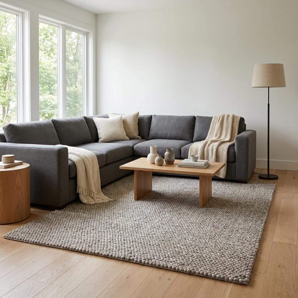 Chunky wool area rug with thick textured weave in neutral beige for cozy minimalist living room decor