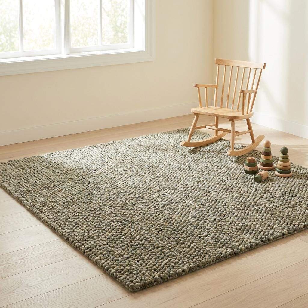 Handwoven chunky wool rug with pebble texture in neutral tones for Scandinavian and modern farmhouse decor