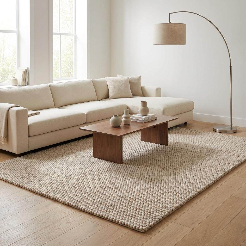 Handmade chunky wool rug made of felt balls in neutral beige and cream tones for modern farmhouse decor