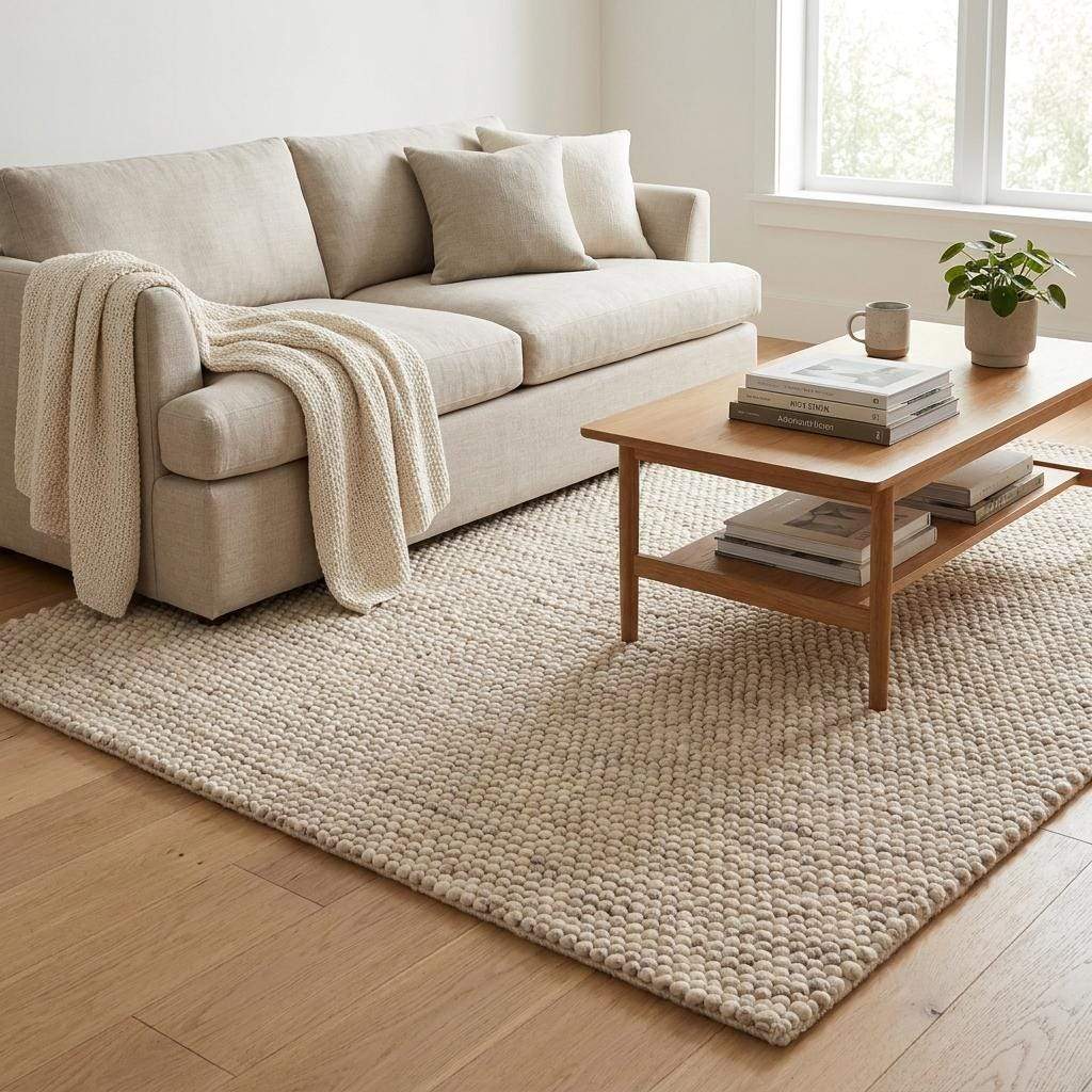 Handmade chunky wool rug in neutral beige and cream, textured felt ball design for modern farmhouse and minimalist decor