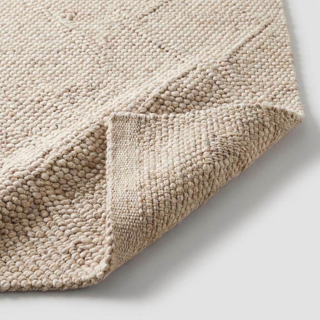 Handmade chunky wool rug with neutral beige and cream felt balls for modern farmhouse decor