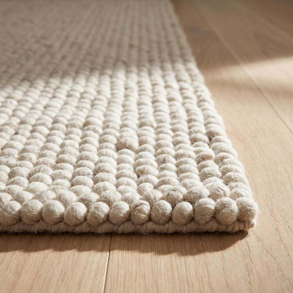 Handmade felt ball wool rug in neutral ivory with chunky texture for Scandinavian minimalist decor