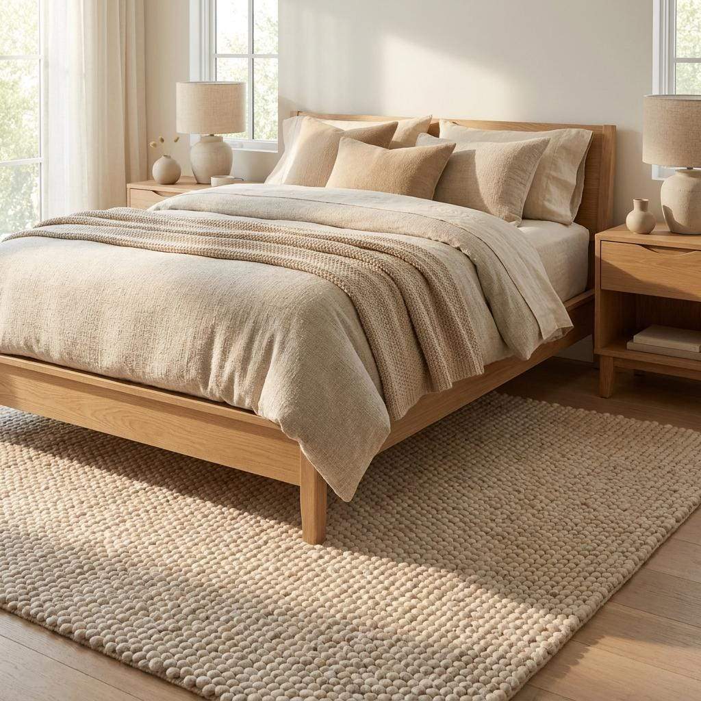 Handmade felt ball wool rug in neutral ivory with chunky texture for Scandinavian home decor