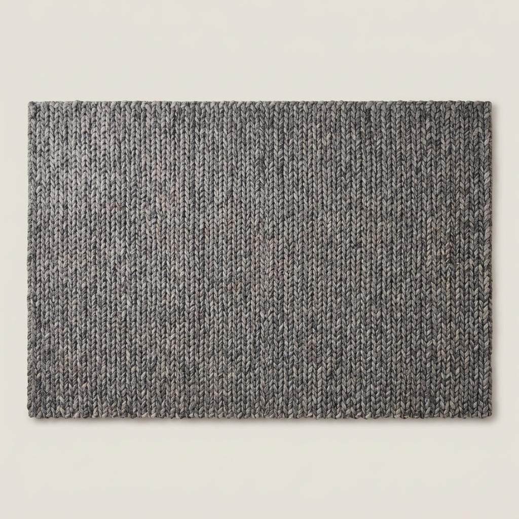 Handwoven chunky knit wool rug in gray with oversized braid design for modern Scandinavian living room decor