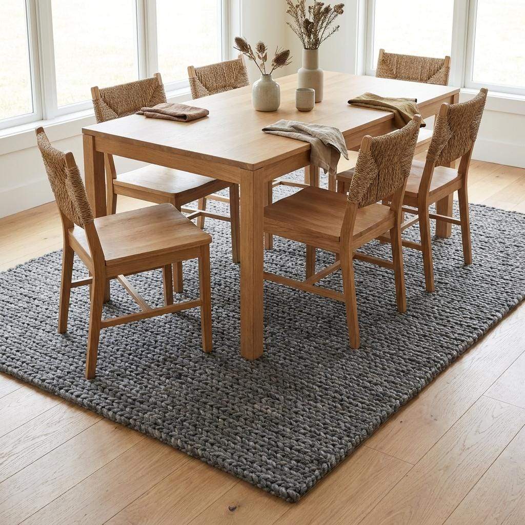 Handwoven chunky knit wool rug in gray with oversized braid design for modern Scandinavian living room decor