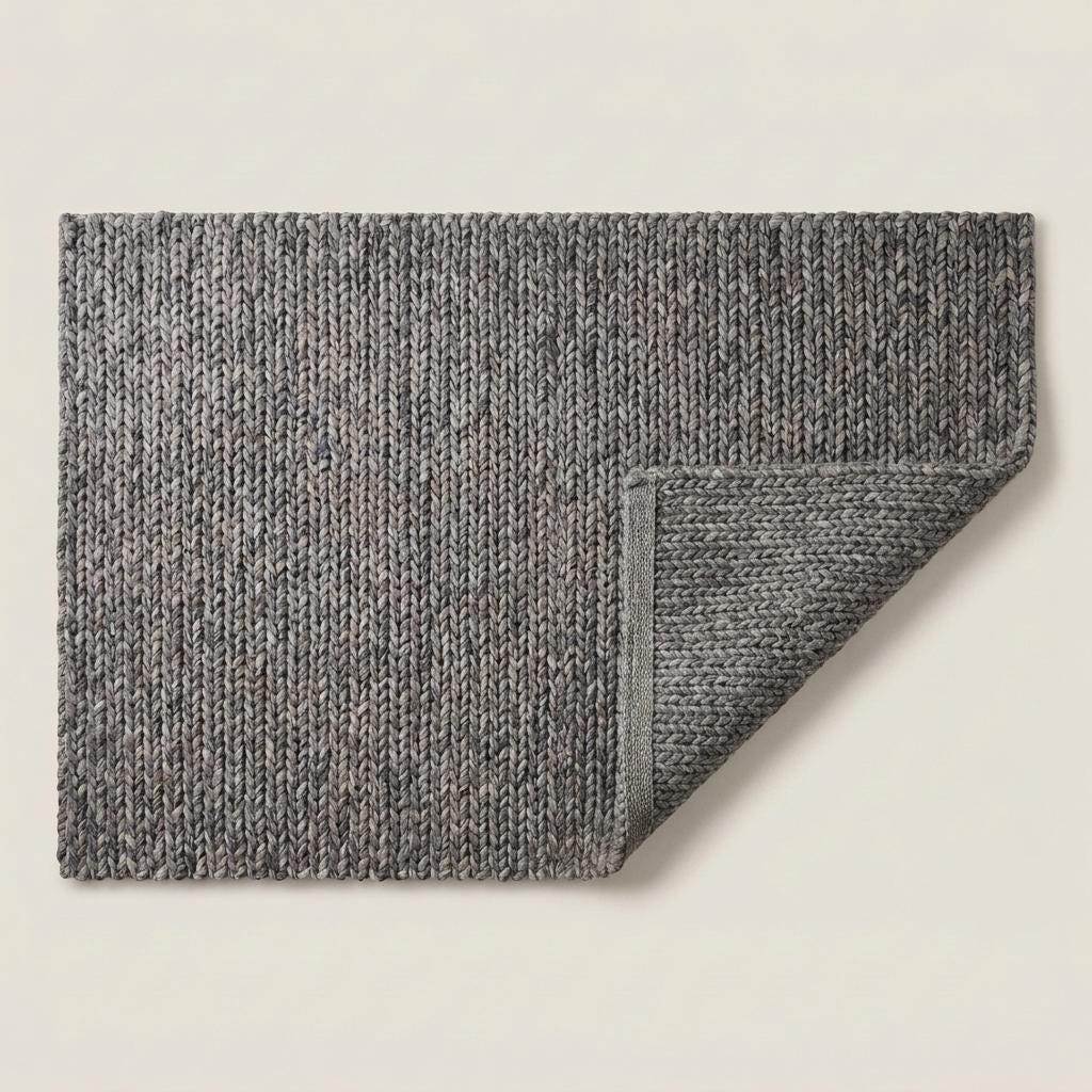 Handwoven chunky knit wool rug in gray with oversized braid design for modern Scandinavian living room decor