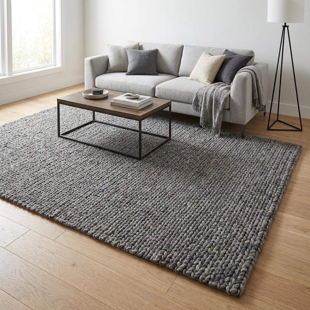 Handwoven chunky knit wool rug in gray with oversized braid design for modern Scandinavian living room decor