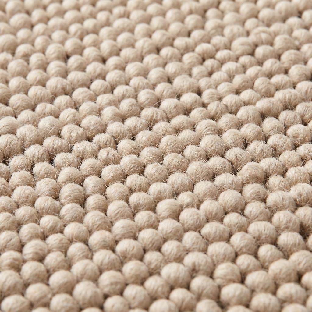 Chunky wool pebble rug in neutral beige with textured handwoven design for minimalist modern living room decor