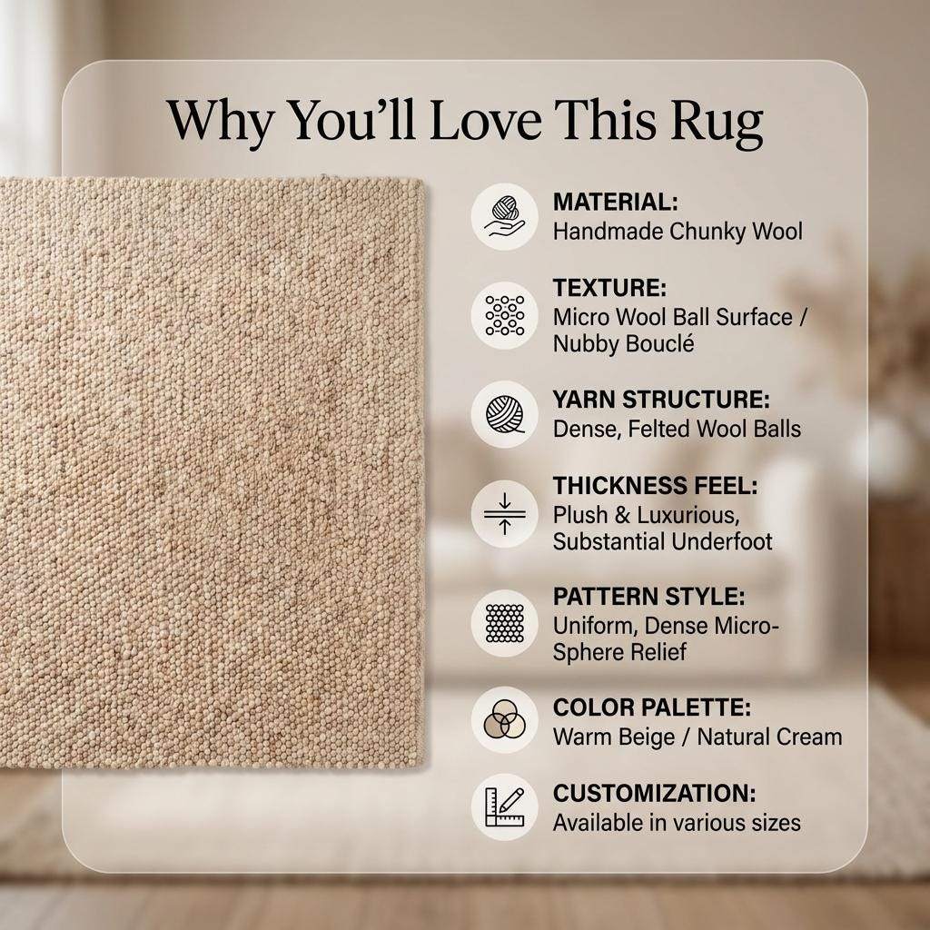 Chunky wool pebble rug in neutral beige with textured handwoven design for minimalist modern living room decor
