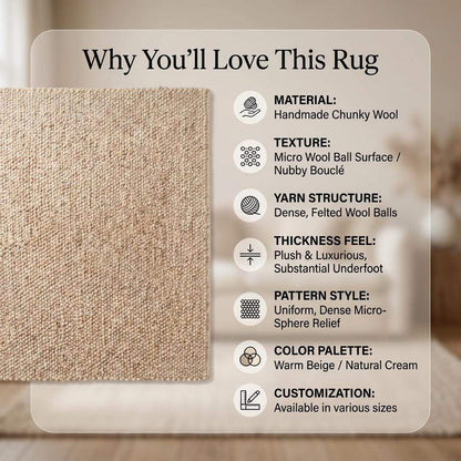 Chunky wool pebble rug in neutral beige with textured handwoven design for minimalist modern living room decor