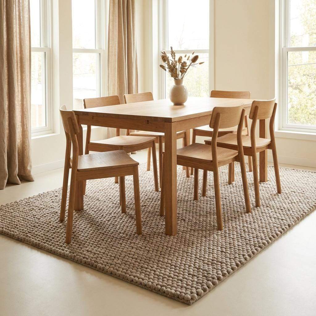 Handmade chunky wool rug with neutral pebble weave, Scandinavian minimalist design for cozy Japandi living room decor