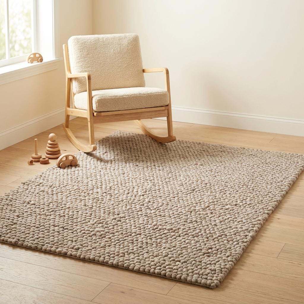 Handmade chunky wool rug with neutral pebble weave in minimalist Scandinavian Japandi style