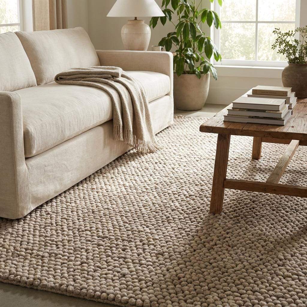 Handmade chunky wool rug with neutral pebble weave and Scandinavian Japandi design for cozy modern interiors