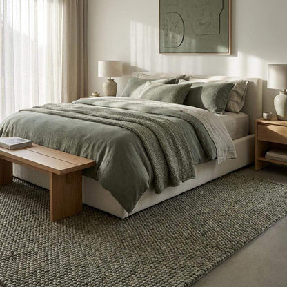Handmade chunky wool rug with pebble texture in neutral tones for Scandinavian and modern farmhouse decor