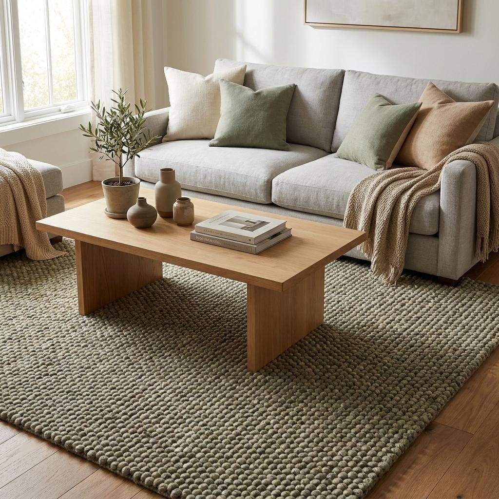 Handwoven chunky wool rug with pebble texture in neutral tones for Scandinavian and modern farmhouse decor