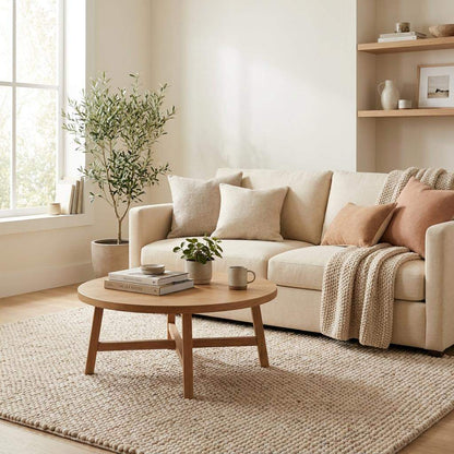 Handmade chunky wool rug in neutral beige and cream felt ball design for modern farmhouse living room decor