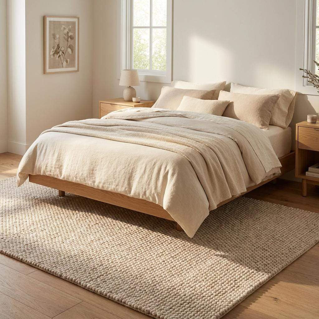 Handmade chunky wool rug with felt ball texture in neutral beige and cream tones for modern farmhouse decor