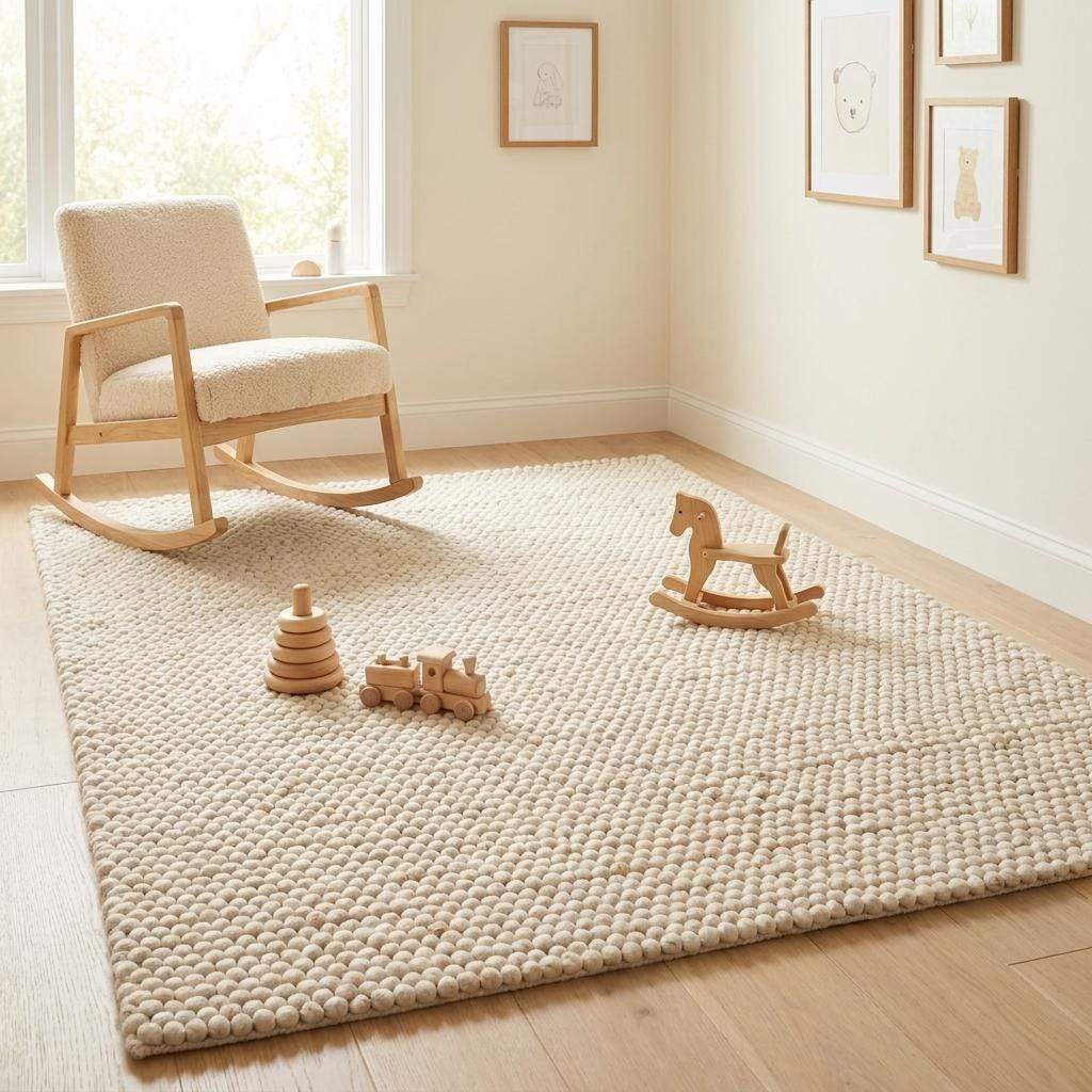 Handmade felt ball wool rug in neutral ivory, chunky wool texture, Scandinavian home decor style