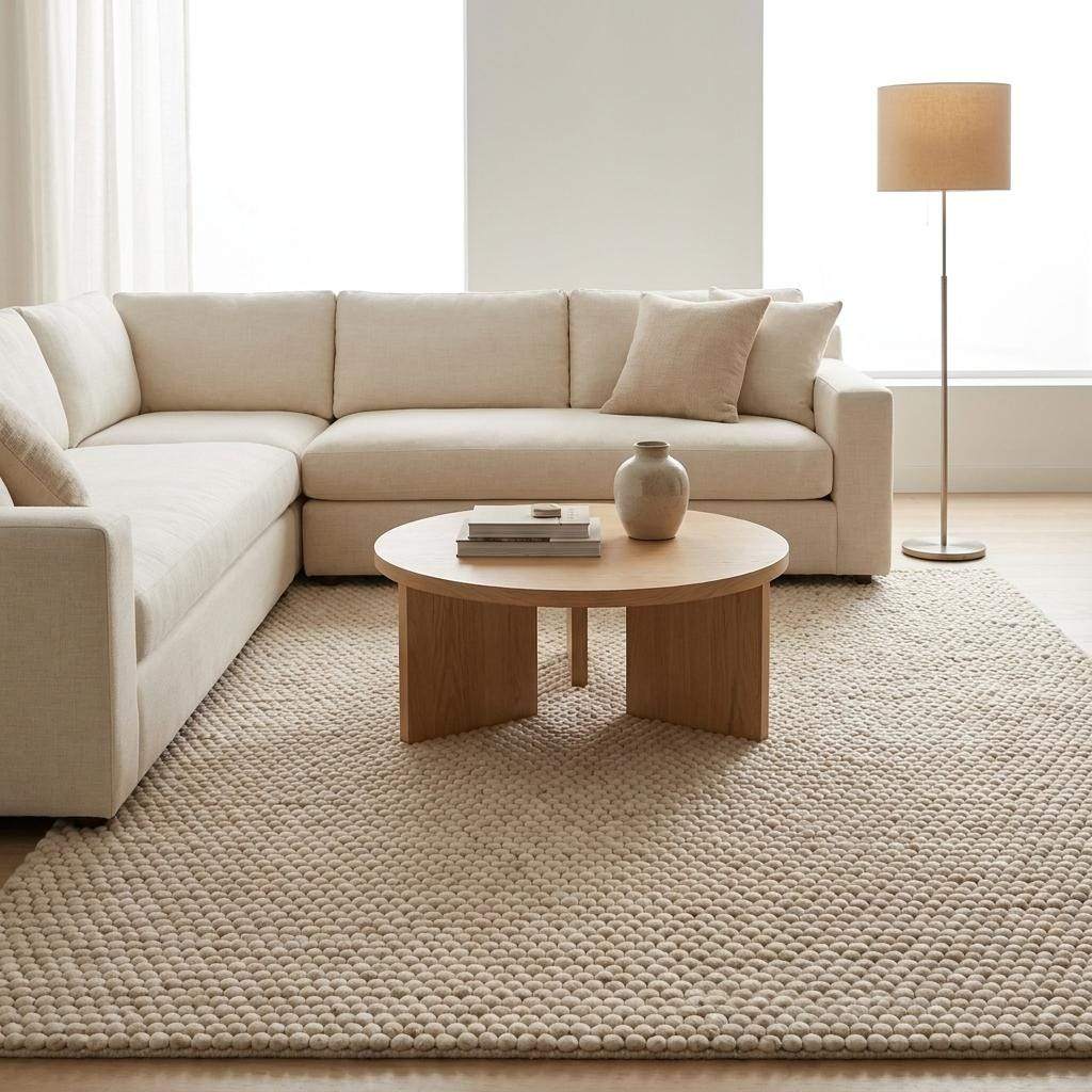 Handmade felt ball wool rug in neutral ivory with chunky texture, perfect for Scandinavian and modern home decor