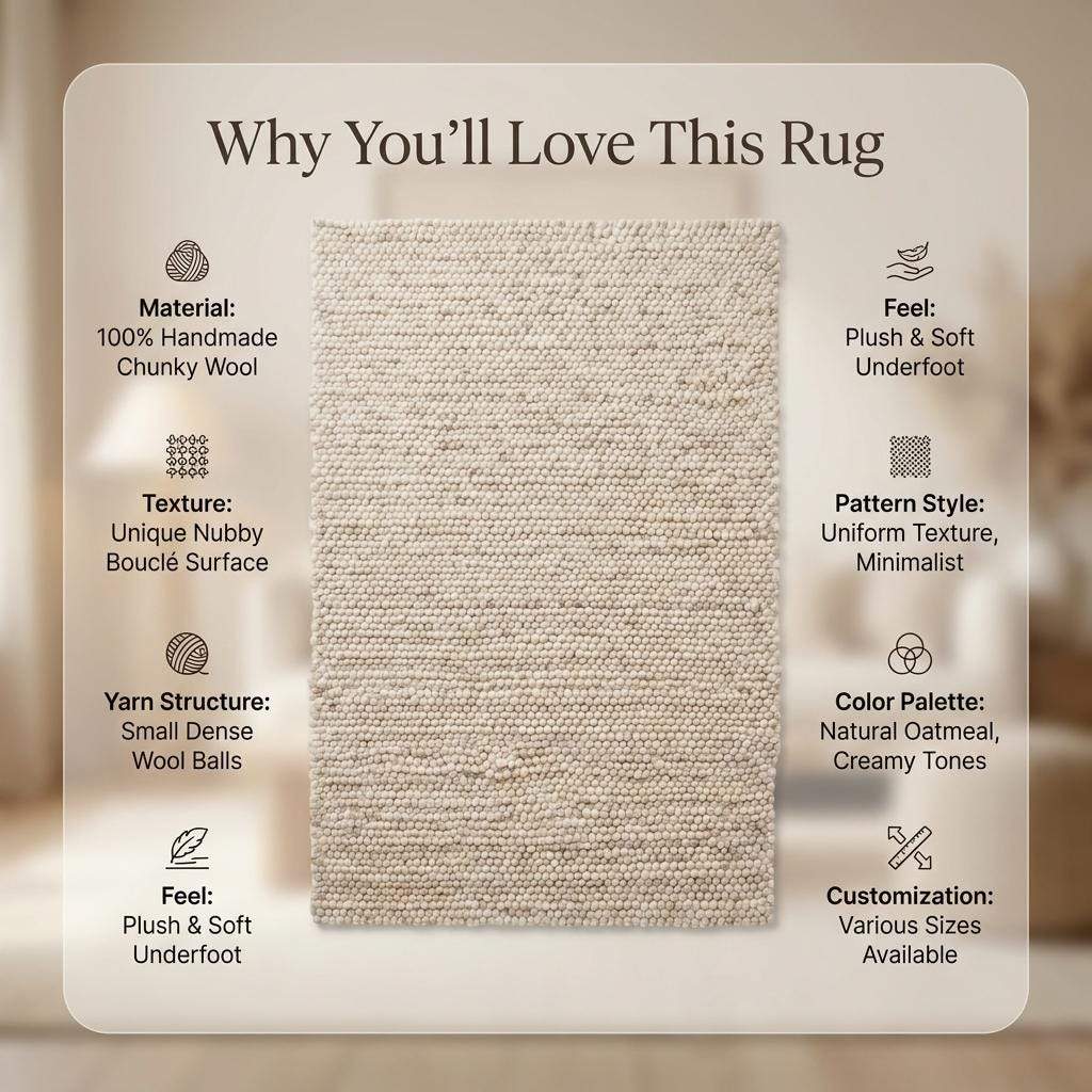 Handmade felt ball wool rug in neutral ivory with chunky texture for Scandinavian home decor