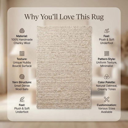 Handmade felt ball wool rug in neutral ivory with chunky texture for Scandinavian home decor
